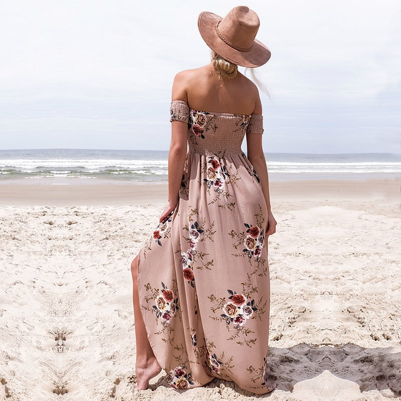 Sexy floral Dress Summer Split Maxi Beach Sundress Off Backless Dress Boho Long Dresses Vestidos Femme