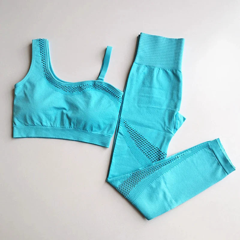 Seamless Yoga Set Sport Outfits Women 2pcs Two Piece Hollow Long Sleeve Crop top Leggings Workout Wear Gym Suit Fitness Sets Blue Bra Set