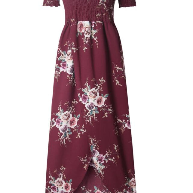 Sexy floral Dress Summer Split Maxi Beach Sundress Off Backless Dress Boho Long Dresses Vestidos Femme Red