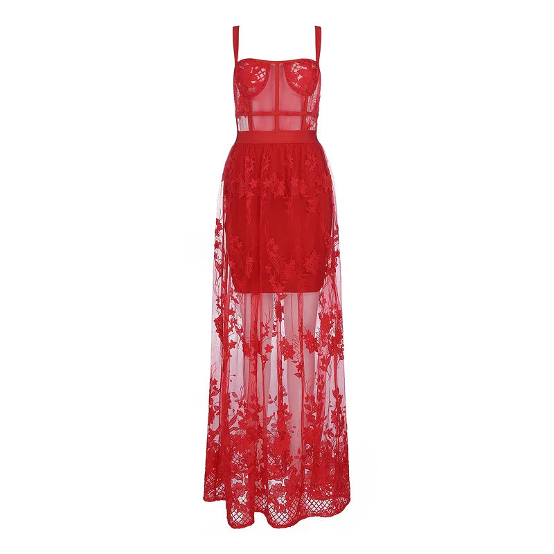 Red Lace Sleeveless Hollow Out Long Rayon Bandage Dress Evening Party Cute Dress Red