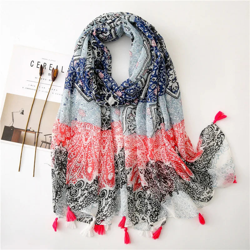 2023 Fashion Paisley Abstract Floral Tassel Viscose Shawl Scarf Lady Wrap Thin Pashmina Stole Muslim Hijab 180*90Cm 18