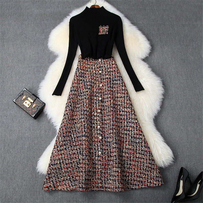 Women's Fashion Autumn Winter 2 Piece Dress Set Female Party Outfits Black Sweater Top and Long Tweed Woolen Skirt Suit Twinset Black