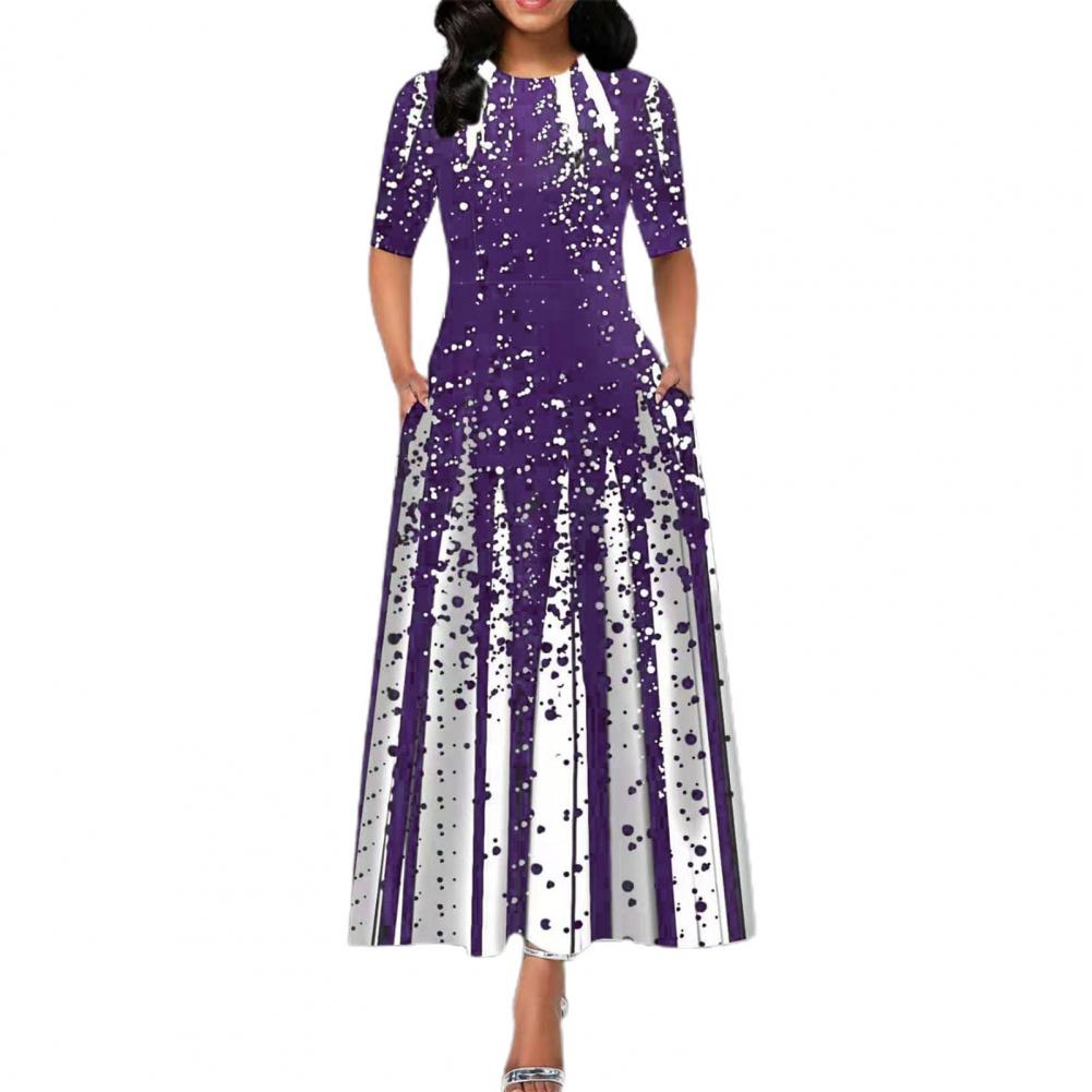 Summer Lady Pullover Dress - Dot Printing Round Neck Large Hem Dress Printing Half Sleeve Ankle-Length Dress Women
