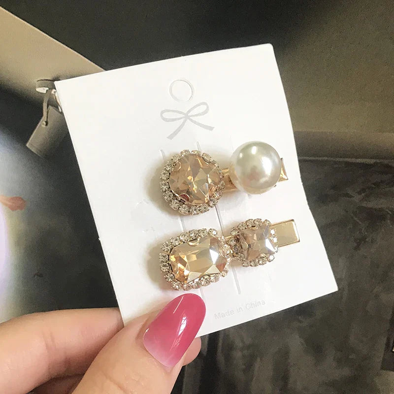 Set Women Hair Clips Jewelry Fashion Crystal Hair Accessories For Girls Luxury Pearl Geometric Barrettes Pins Christmas Gift 2pcs-champagne