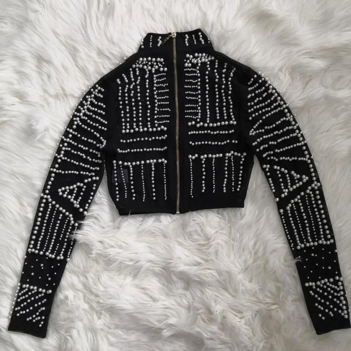 Black Pearls Beading Two Pieces Set Rayon Bandage Set Club Party Fashion Outfit Black Top