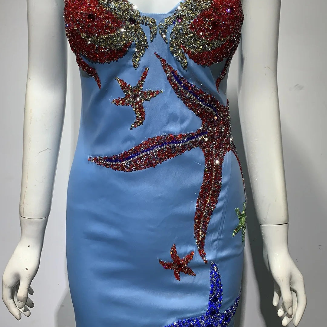 Blue Beaded Sequins Star Slim Sexy Spaghetti Strap Ruffle Celebrity Night Club Party Designer Dress Vestidos