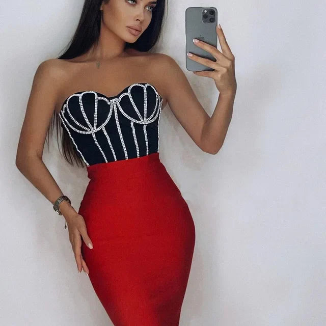 Red Black Ladies HL Bandage Dress Strapless Sexy 2 Pieces Bodycon Mini Dress Off the Shoulder Girls' Birthday Party Dress