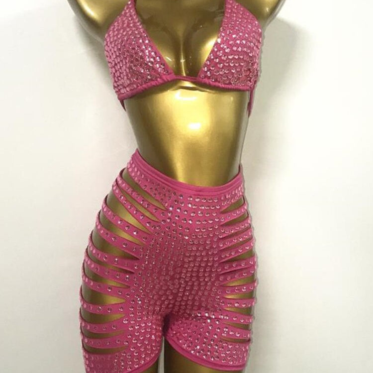 Shining Rhinestones Bra Hole Hollow Shorts Set Women Pink Crystal Bikini High Waist Pants Outfits Birthday Party Singer Costume