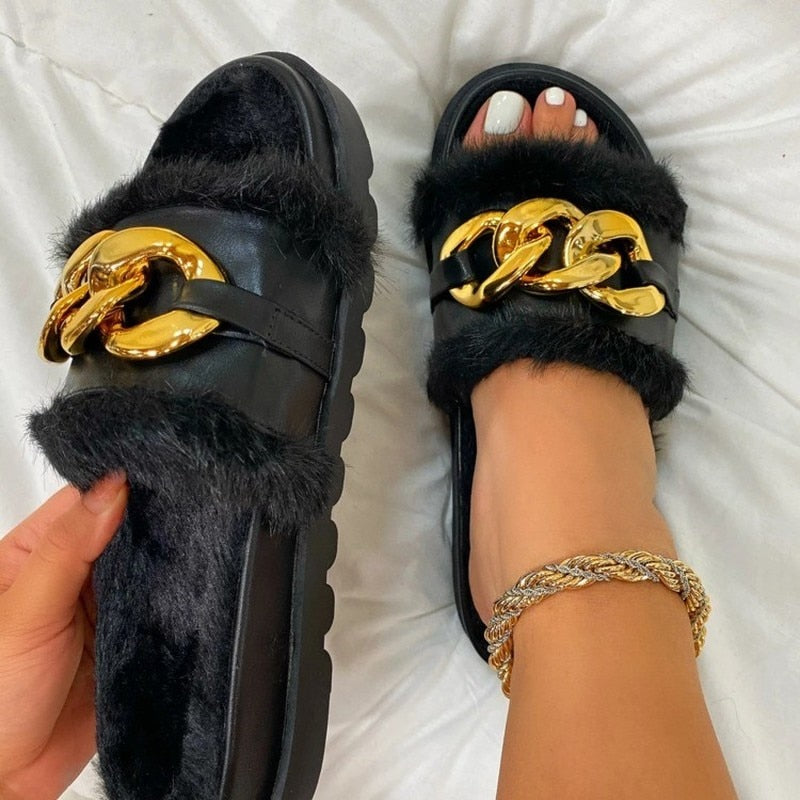 Winter Plush Slippers Fashion Open Toe Solid Color Women's Sandals Metal Chain Outdoor Casual Women's Shoes Fashion Shoes