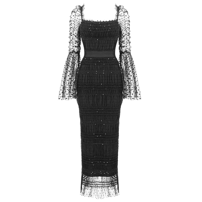 Dress Women Polka Dot Draped Mesh Sequined Mesh Long-sleeved Square Neck Halter Black Mid-length Bandage Midi Dress Gown black XS