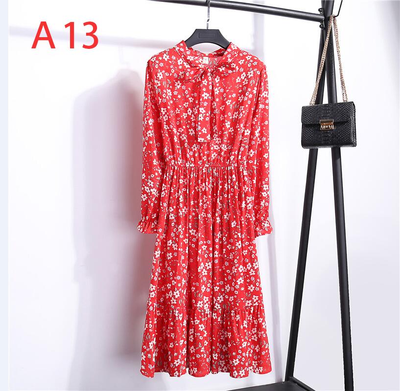 Plus Size Women's Clothing Long Sleeve Chiffon Shirt Dresses For Women Red Bow Floral Club Party Autumn Winter платье Woman A13