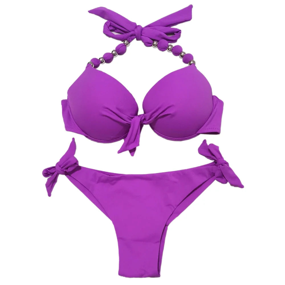 EONAR Push Up Bikini Women Bandage Swimsuits Brazilian Cut Bottom Bikini Set Bathing Suits maillot de bain femme Swimwear PURPLE