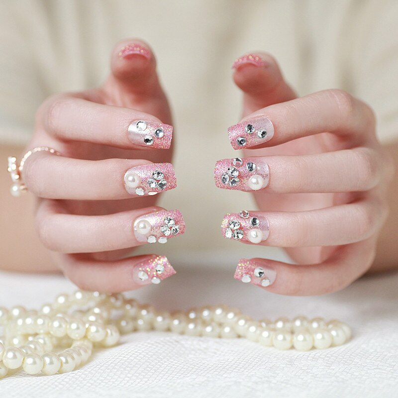 24pcs False Nails Floral Beads Decorated Artificial Nail Tips Bride Reusable Fingernails Fake Nail Press On Nail накладные ногти 16