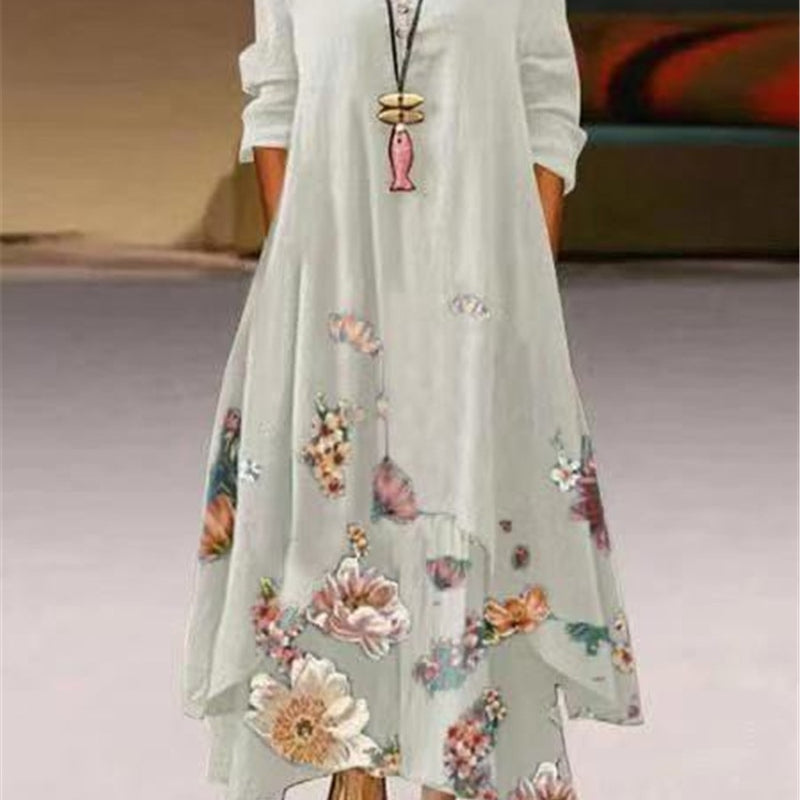 Summer Floral Print Long Sleeve Dresses Women O Neck Buttons Irregular Hem Maxi Dress Loose Plus Size Party Vestidos Long Dress White
