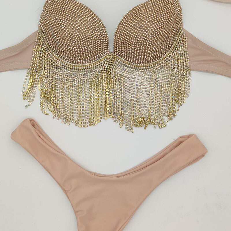 Sexy Women's Swimwear Rhinestone Bikini Crystal Diamond Push Up Swimsuit Tassels Jewelry Bathing Suits Flesh