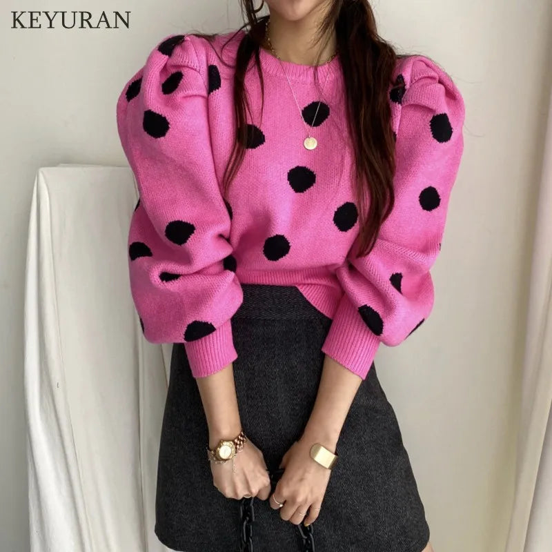 Korean Chic Puff Sleeve Sweater Women Stylish Autumn Winter Polka Dot Pullover Sweater Women's Knitwear Jumper Tops Lady Rose Red One Size