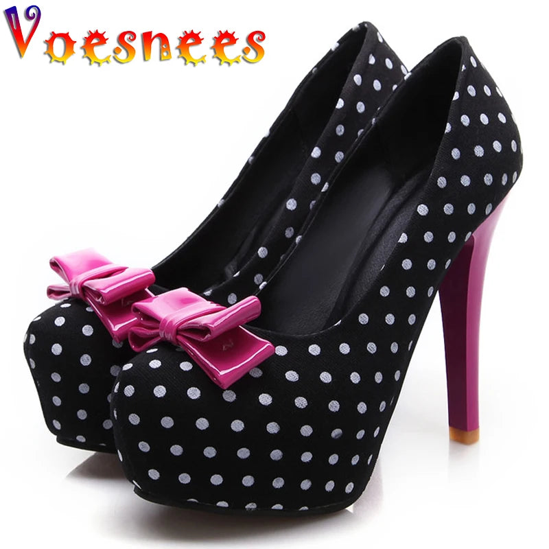 2021 Spring Autumn New Women's Pumps Sweet Bow Polka Dot High-Heeled Single Shoes Round Toe Thin Heels Plus Size Women Shoes