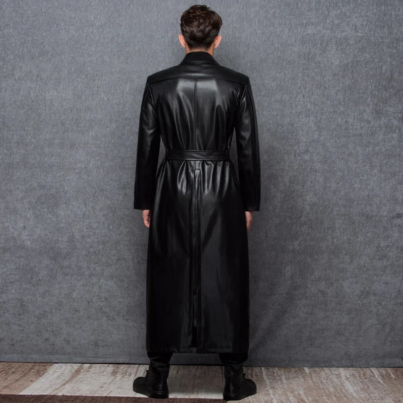 Lautaro-Long Black Leather Trench Coat for Men, Long Sleeve, Double Breasted, Plus Size, PU Leather, Men's Clothing, 6XL, 7XL