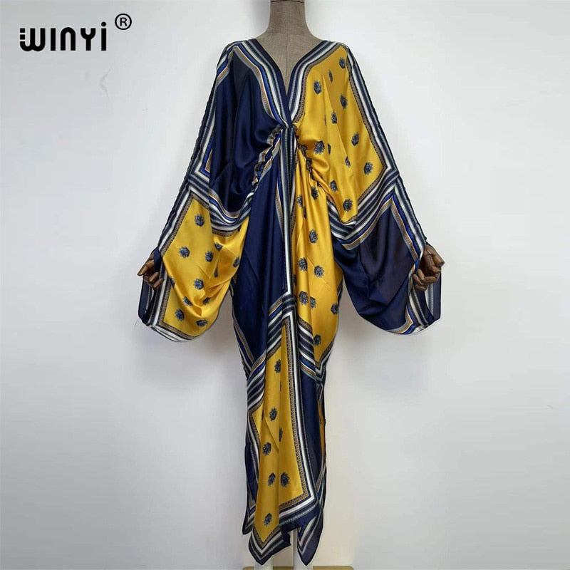 Sexy bech high-quality hand-rolled feel silk rayon fashion print 2024 WINYI Maxi Women's robes long beach V-neck Bohemian dress 18 One Size