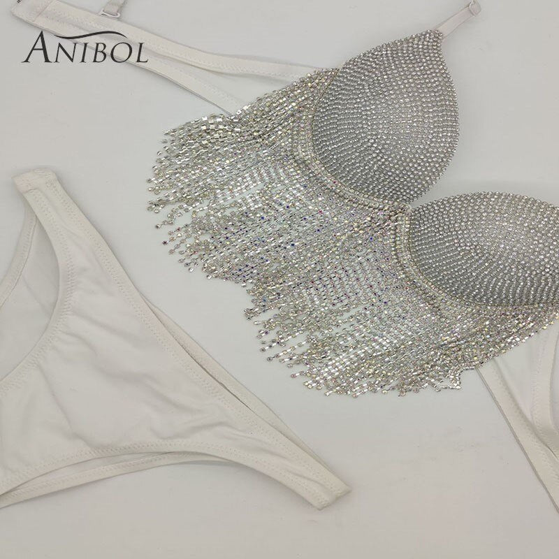 Sexy Women's Swimwear Rhinestone Bikini Crystal Diamond Push Up Swimsuit Tassels Jewelry Bathing Suits