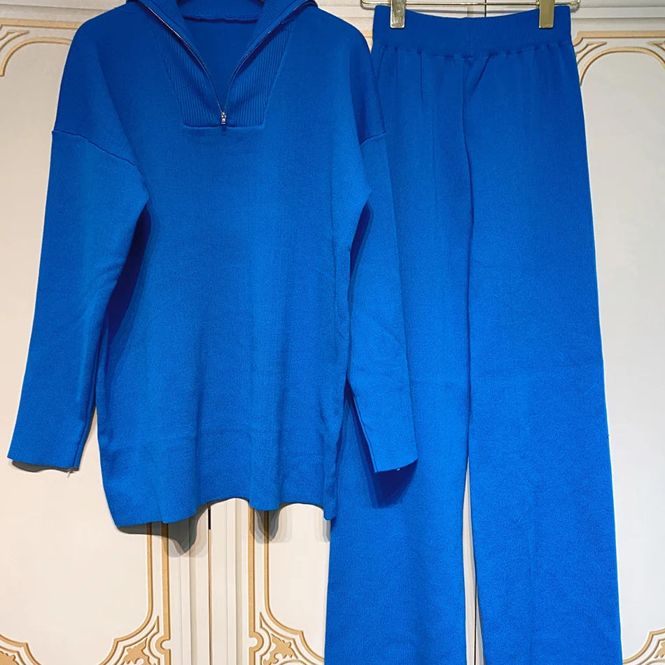2024 Casual Autumn Loose Knit Sweater Set Fashion Zip Lapel Long Sleeve Pullover Sweater & Straight Pants Two-piece Set Blue