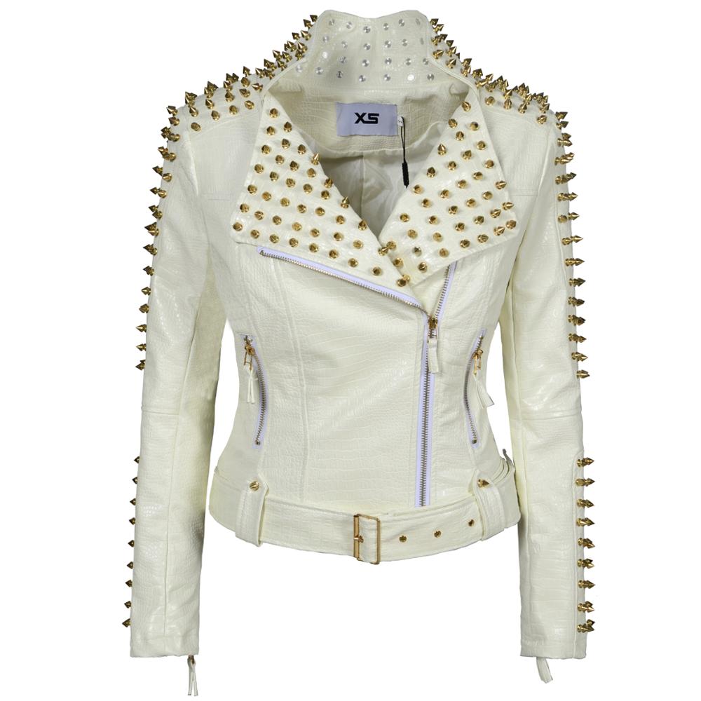 SX Occident Fashion women Club hot style Stud slim fit jacket shoulder rivets zip stitching short PU leather rock coat White