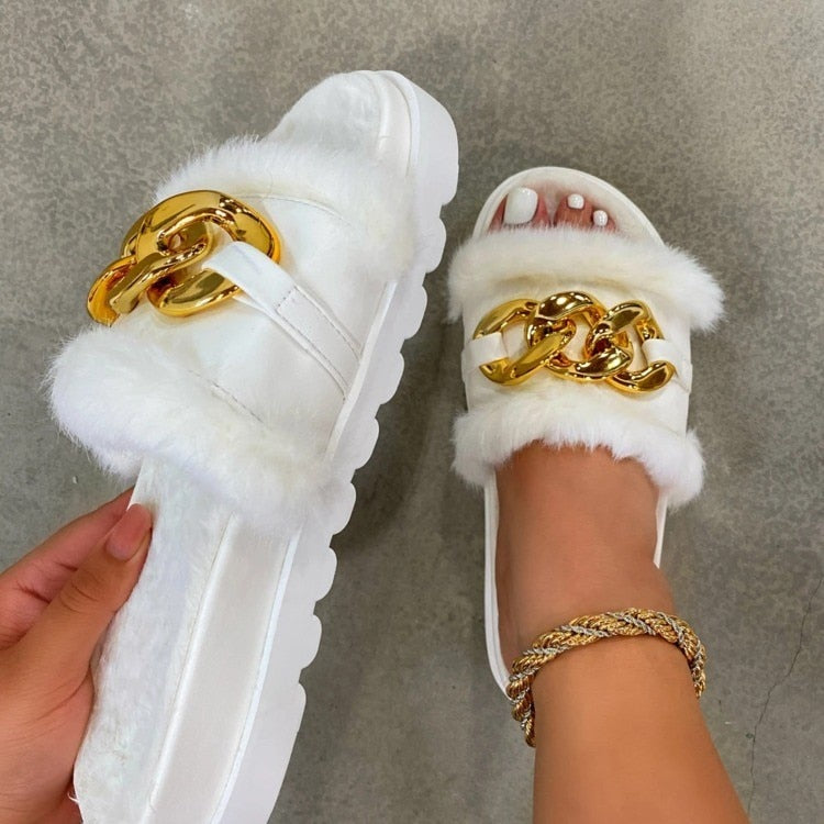 Winter Plush Slippers Fashion Open Toe Solid Color Women's Sandals Metal Chain Outdoor Casual Women's Shoes Fashion Shoes White
