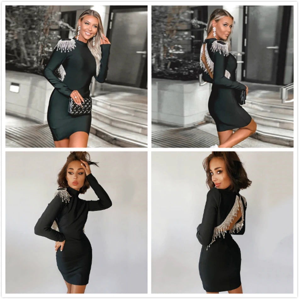 Black Women Bandage Dress High Neck Long Sleeve Sexy Halter Beaded Tassel Dress Bodycon Dress Club Party Dresses