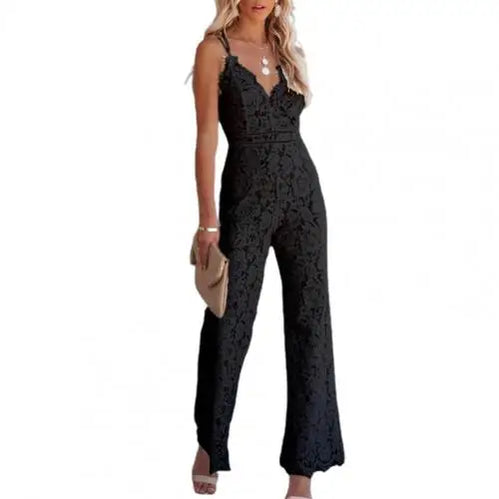 Solid Lace Jumpsuits Women Sleeveless Romper High Waist V-Neck Wide Leg Playsuits and Jumpsuit Women bodysuit Combinaison femme Black