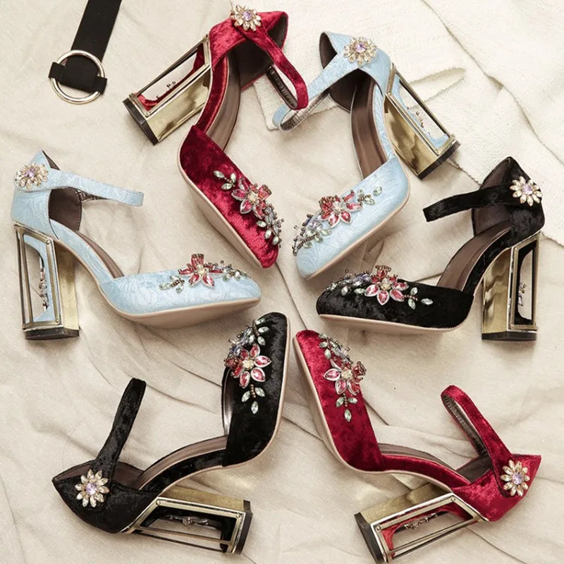 Autumn Crystal Flower Mary Janes Women Pumps Shoes Woman Sandals Strange High Heel Party Shoes Handmade Rhinestone Wedding Shoes