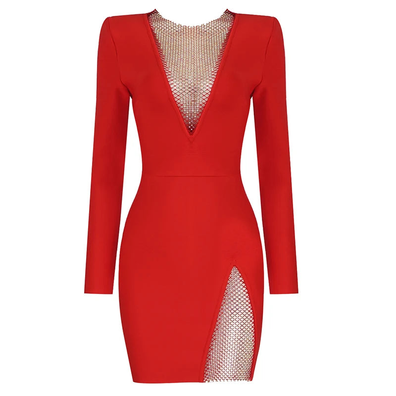 New Winter Women Black Beading Long Sleeve Rayon Bandage Sexy Hollow Out Mini Club Celebrity Runway Party Dress Red
