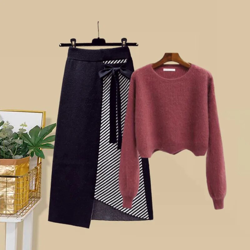 Women Autumn Winter Warm Knitted Two Pieces Sets Korean Long Sleeve Pullover Sweater Top And High Waist Skirts Sets