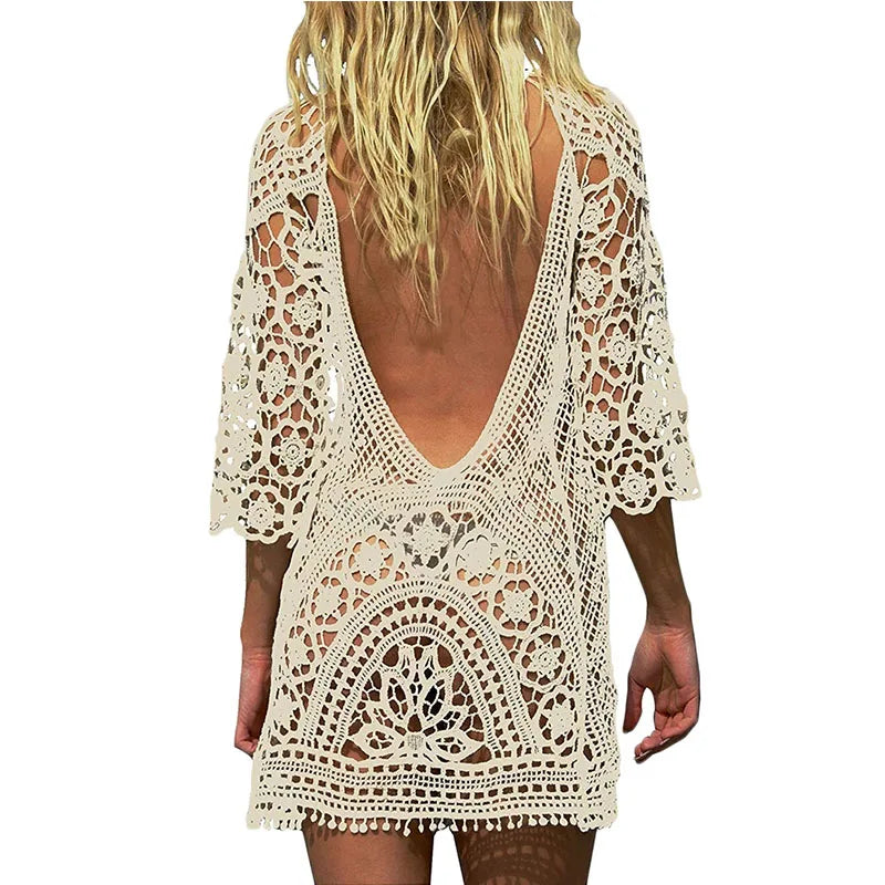 Sexy Women’s Bathing Suit Cover Up Crochet Lace Bikini Bathing Suit Swimsuit Smock Knitting Swimwear Mesh Beach Dress Tunic Robe Beige One Size