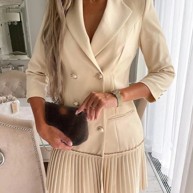 Women Elegant Double Breasted Pleated Blazer Dress