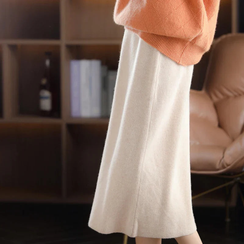 Autumn Winter New 100%Pure Wool Knit Long Skirt Women Casual Thick Korean High Waist Pack Hip Cashmere Wild A-Line Skirt Beige