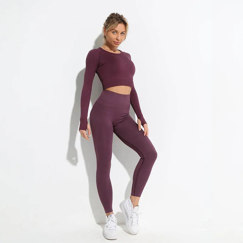 2pcs seamless hyperflex workout sport outfits for women sportswear athletic clothes gym Long Sleeve Crop Top High Waist Leggings ShirtsPantsPurpleRed