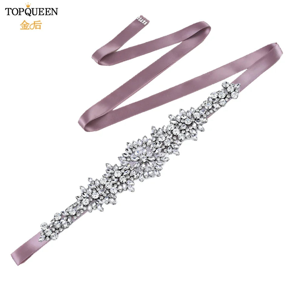 TOPQUEEN S319 Rhinestones Wedding Belt Sparkly Bride Dress Decorative Sash with Stone Jeweled Satin Ribbons Silver Gown Applique Antique Violet