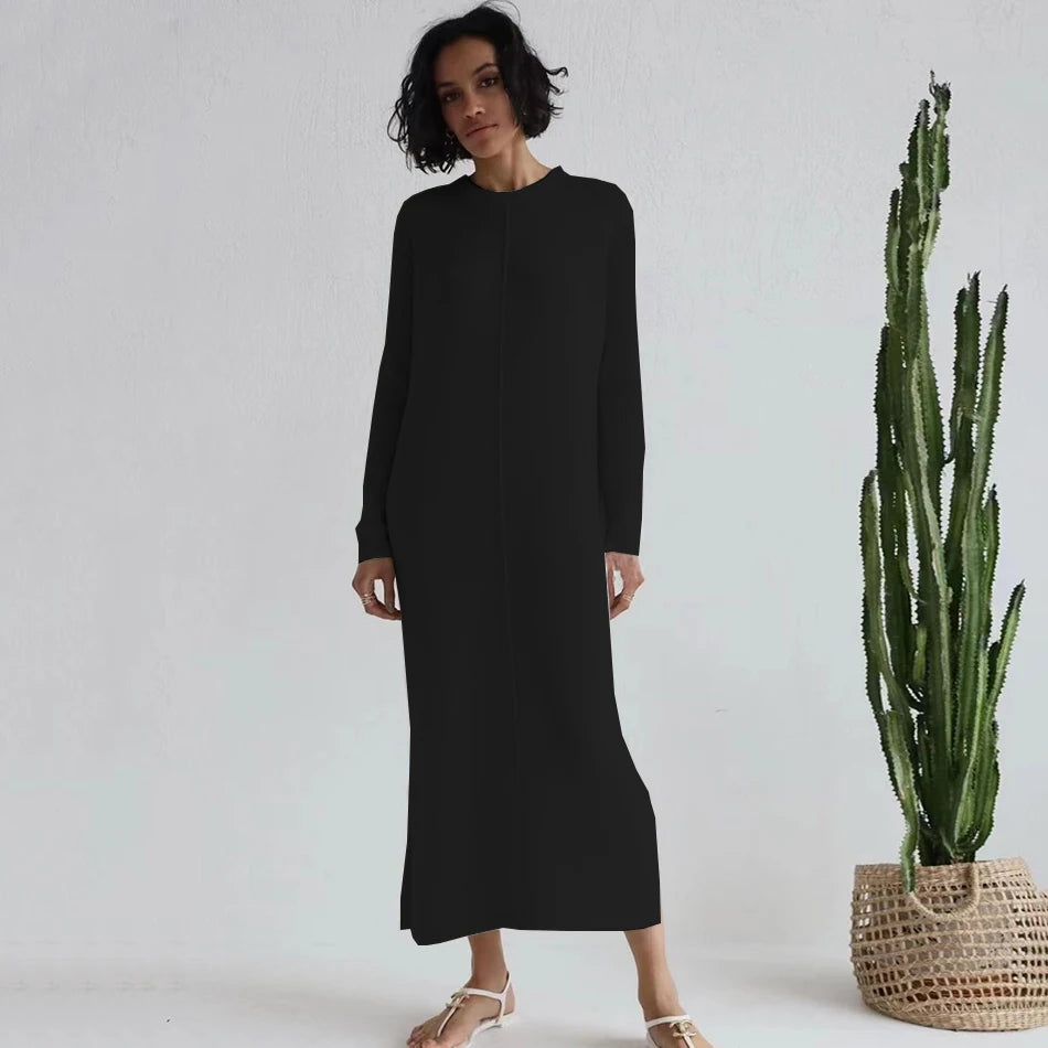 2024 Casual Midi Knit Dress Women's O-neck Long Sleeve Split Straight Dresses 2023 New Autumn Pure Color Knit Vestidos black