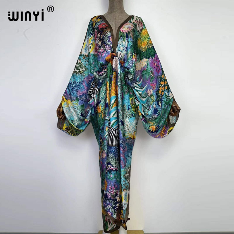 Sexy bech high-quality hand-rolled feel silk rayon fashion print 2024 WINYI Maxi Women's robes long beach V-neck Bohemian dress 19 One Size
