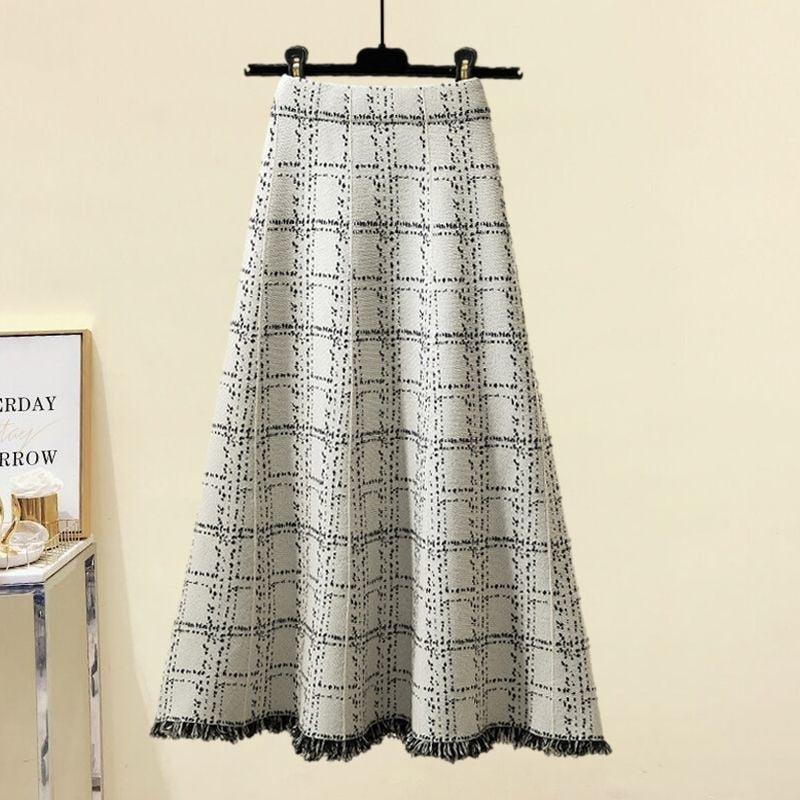 Women Autumn Winter Vintage fragrant Knitted Two Pieces Sets Korean Long Sleeve Knit Cardigan And High Waist Plaid Skirts Sets picture 6