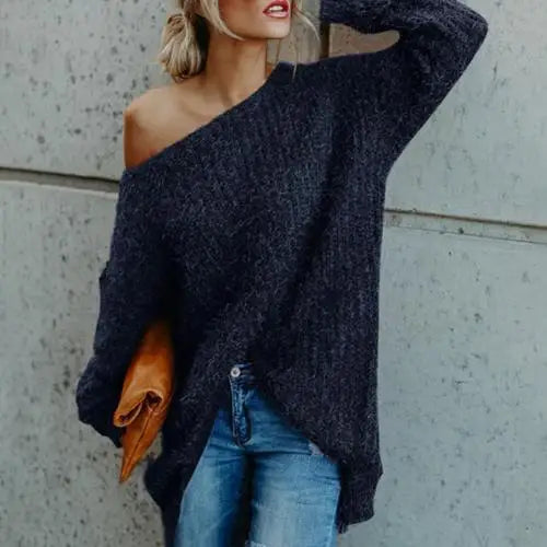 Women's Sweater Fashion Solid Color Sloping Shoulder Plush Jumper Loose Casual Knitted Sweater Top Oversized Sweater for Women Navy Blue