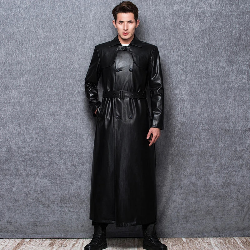 Lautaro-Long Black Leather Trench Coat for Men, Long Sleeve, Double Breasted, Plus Size, PU Leather, Men's Clothing, 6XL, 7XL