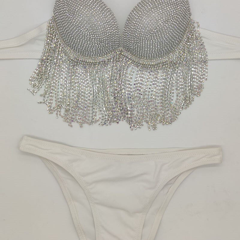 Sexy Women's Swimwear Rhinestone Bikini Crystal Diamond Push Up Swimsuit Tassels Jewelry Bathing Suits White