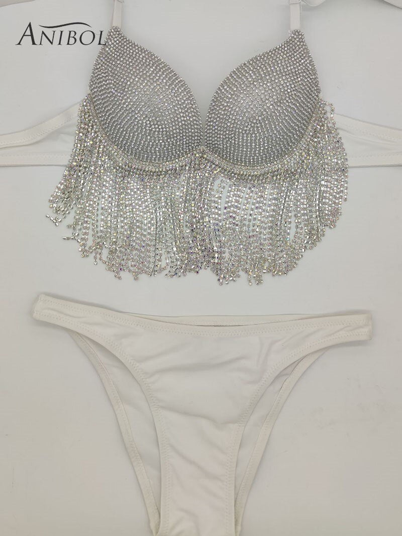 Sexy Women's Swimwear Rhinestone Bikini Crystal Diamond Push Up Swimsuit Tassels Jewelry Bathing Suits White