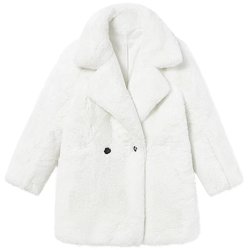 Winter Warm White Faux Fur Coat Women Long Sleeve Lapel Double Breasted Luxury Elegant Fluffy Fake Rabbit Fur Blazers