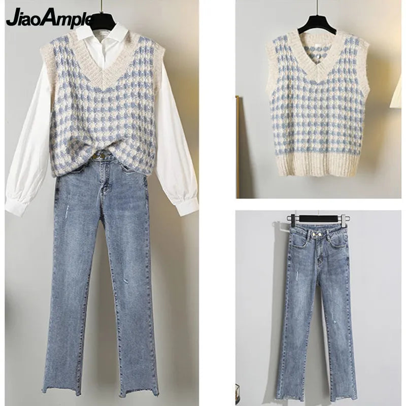 Women's Spring Autumn Fashion 3 Pieces Outfits 2024 Student Korean Casual Shirts+Sweater Vest+Straight Jeans Set Lady Streetwear