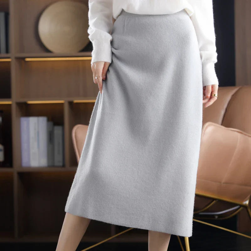 Autumn Winter New 100%Pure Wool Knit Long Skirt Women Casual Thick Korean High Waist Pack Hip Cashmere Wild A-Line Skirt