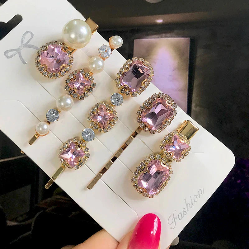 Set Women Hair Clips Jewelry Fashion Crystal Hair Accessories For Girls Luxury Pearl Geometric Barrettes Pins Christmas Gift 5pcs-pink