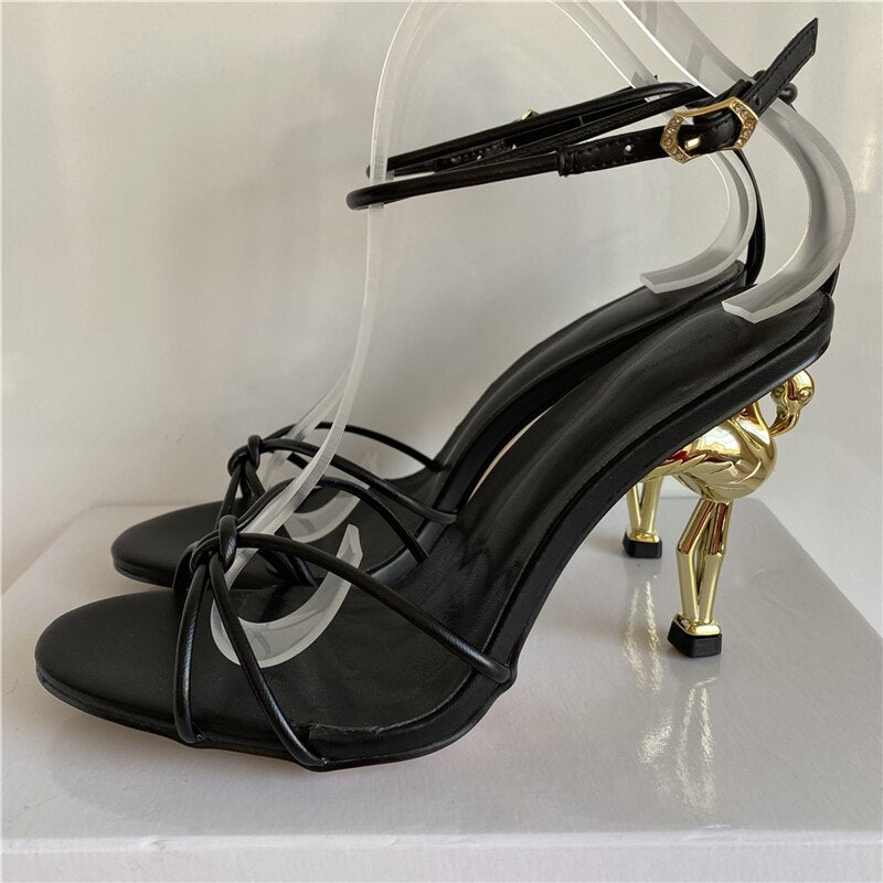 Unique Flamingo Strange High Heel Sandals Women Knitted Narrow Band Ankle Strap - Design Summer Runway Shoes Woman Black Open Toe
