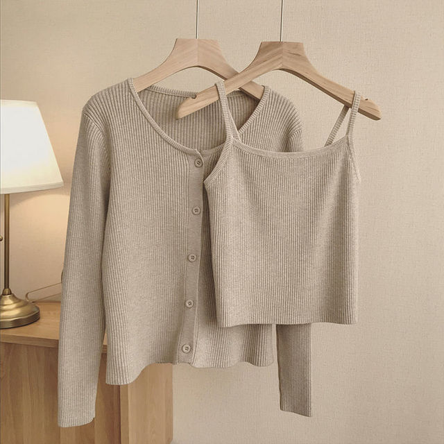 Stripped Knitted Cardigan Two 2 Piece Set Women Korean Spring Autumn Woman Outfits Cardigans Womens Tops And Blouses Sets Khaki Sets